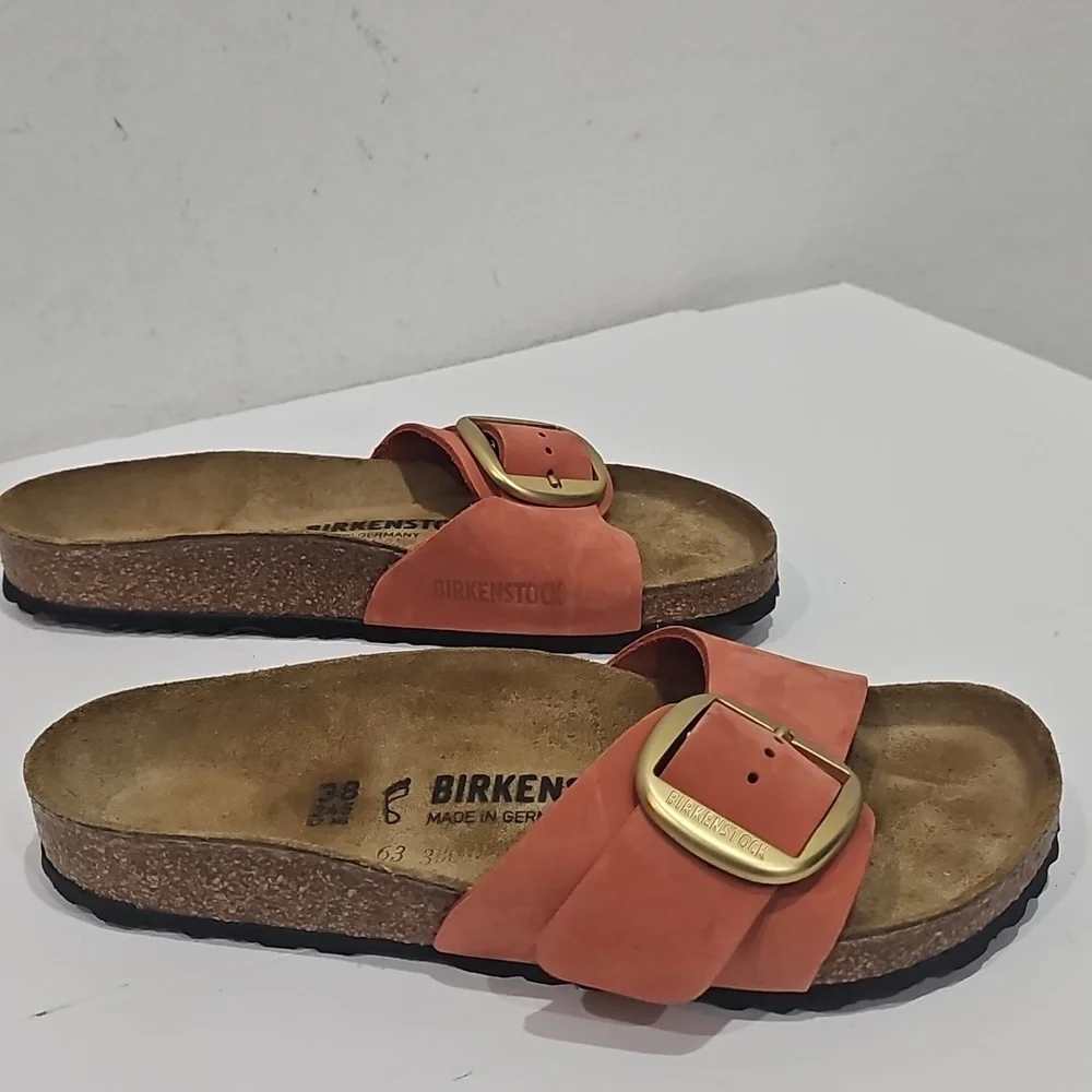 Rare Birkenstock Madrid Big Buckle “Mars Red” nubuck leather gold size 38 narrow